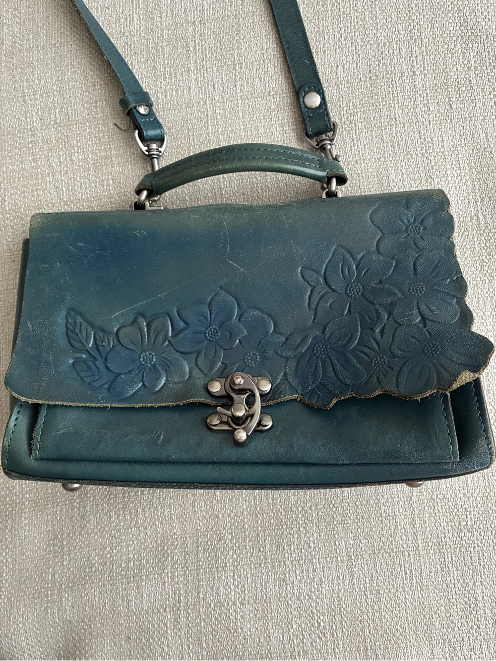 Patricia Nash Bag Teal Leather Satchel Crossbody Floral Tooled Embossed Bag